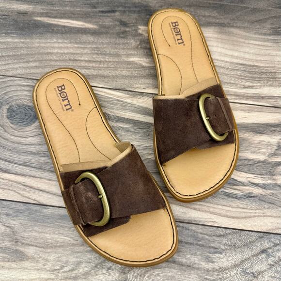 NIB Born Miarra 8M 38-39 Brown Suede Big Buckle Slide Sandals Brown Distressed - Picture 2 of 11